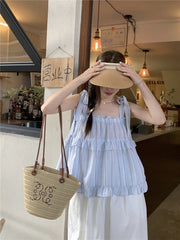 LIZAKOSHT - Women's Off-sholuder Sleeveless Straps Lace-up Loose Striped Camisole Summer Seaside Resort Style Suspender Tops Female Clothing