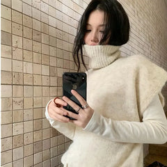 LIZAKOSHT - Women Funnel-Neck Knitted Vest Solid Autumn Casual with A Belt Sleeveless Sweater Elegant Woman Vintage Knitwear Waistcoat