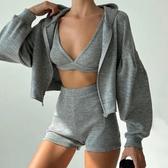 LIZAKOSHT - Autumn Winter Knitted Sport Two Piece Set for Women Sexy Hoodie Coat Bra Crop Top + Shorts Active wear Outfits Matching Set
