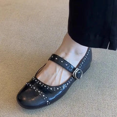 LIZAKOSHT - French Vintage Riveted Mary Jane Women'S Shoes Light Cut One Line Buckle Single Shoe Everything Flat Ballet Shoes