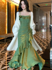 LIZAKOSHT  -  Elegant Spaghetti Strap Ruffles Mermaid Dress Long Sleeve Knitted Long Coat Korean Fashion Evening Party Clothing Autumn Winter