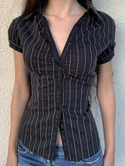 LIZAKOSHT - Streetwear Stripe Blouse Women Turndown Collar Tunic Y2k Aesthetic Crop Tops Harajuku Pleated Grunge Sexy Shirts Blouses