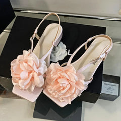 LIZAKOSHT - Designer Flower Sandals for Women Summer New Fashion Slingback Shoes Skirt Shallow Elegant Square Toe Low Heel Slippers Women