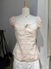 LIZAKOSHT - Women Sweet Pink Linen Lace-up Slim T Shirt Summer Buttons O-neck Puff Sleeve Blouse Vintage Preppy Solid Cute Tees Y2k