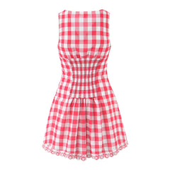 LIZAKOSHT - Summer Vintage clothes button up V neck Dress Women white lace Mini Dresses for woman Sleeveless Dress Graduation red plaid