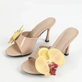 LIZAKOSHT  -  Fashion Flower Slippers Women Up Size 42 43 Designer High Heels Sandals Female Patent Leather Open Toe Slides Sandalias De Mujer