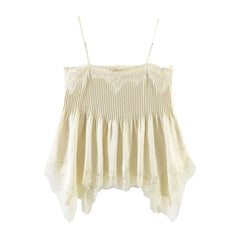 LIZAKOSHT - Sexy Women Apricot Spliced Lace Slash Collar Front Pleated Camisole Women Hem Asymmetry Tank Tops Waist Crop Top Camis