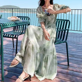 LIZAKOSHT - Green Woman Dresses Square Neck Elegant Spring Summer Vestidos Mujer Puff Sleeve Beach Style Retro Long Dress