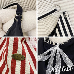 LIZAKOSHT - Stripe Letter Design Women's Shoulder Bag Large Capacity Ladies Thick Canvas Tote Travel Handbags Female Reusable Shopping Bags