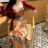 LIZAKOSHT - New Chinese Style Improved Vintage Print Dresses+ Y2k Mesh Long Sleeve Cardigan Tops Women Early Autum Two Piece Sets
