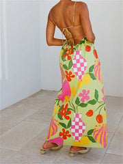 LIZAKOSHT - Women Sleeveless Strap Dress Backless Floral Bohemian Long Maxi Dress Summer Beach Female Vestidos Beachwear New