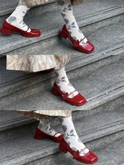 LIZAKOSHT Spring New High Heels French Vintage One Rose Square Headed Thick Heel Small Leather Shoes Mary Jane Women's Shoes