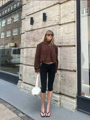 LIZAKOSHT  -  Retro Brown Suede Short Jacket Elegant Women Stand Collar Full Sleeves Single Breasteds Loose Coats Autumn Chic Lady Street Wear