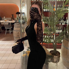 LIZAKOSHT - 2025 Ladies Classic Backless Hanging Neck Off-shoulder Fashion Sexy Bodycon Package Hip Split Hem Maxi Dress Party Clothing
