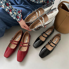 LIZAKOSHT Spring New Women Red Flat Shoes Fashion Square Toe Shallow Ladies Mary Jane Ballerinas Flat Heel Casual Ballet Shoes