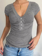 LIZAKOSHT - Casual Grey V-neck Crop Top Women Basic Skinny Short Sleeve Knitted T-shirts for Summer y2k Vintage Harajuku Tees Retro