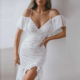 LIZAKOSHT  -  Women Sexy V Neck Hollow Sling Long Dress Spring Embroidery Lace Ruffles Split Mermaid Dress Summer Off Shoulder Irregular Dress