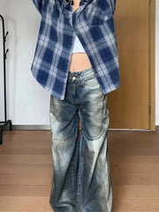 LIZAKOSHT  -  Women's Street Casual 2000s Pants Baggy Y2K Wide Leg Washed Grunge Denim Trouser American Vintage High Waist Straight Emo Jeans