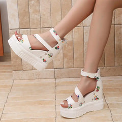 LIZAKOSHT - Rose Print Wedge Heel Ankle Strap Sandals Women Summer Rear Zip Chunky Platform Sandals Fashion Super High Heel Shoes
