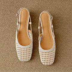 LIZAKOSHT - Hot Selling Weaved Slingback Sandals Woman Straw Plaited Low Heel Sandalias Ladies Brand Design Summer Square Toe Hollow Out