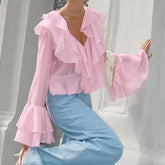 LIZAKOSHT  -  Summer Charm Pink Chiffon Sunscreen Coat Temperament Layered Ruffle V-neck Trumpet Short Women's Shirt