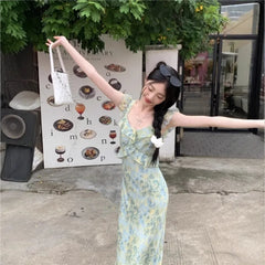 LIZAKOSHT - Women's French Style Floral Spaghetti Strap Maxi Dress Beach Vacation Dress
