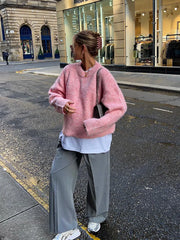 LIZAKOSHT - Casual Oversize Pink Women's Cashmere Base Sweater Fashion Long Sleeve Solid Round Collar Pullover New Lady High Streetwear