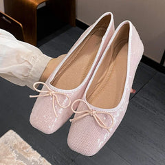 LIZAKOSHT - Bling Ballet Flats Women Shoes Square Toe Shiny Spring Autumn Footwear Women Shallow Fashion Comfort Sweet Bow Mary Jane Shoes