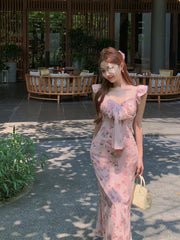 LIZAKOSHT - Bowtie floral V-neck flying sleeve dress for women summer pink gentle long dress slim waist A-line Dress 2024 New