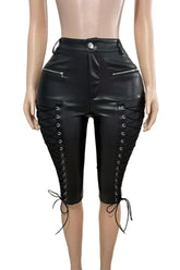 LIZAKOSHT - High Stretch Grommet Lace Up PU Leather Skinny Knee Length Pants Women Button Fly High Waist Zippers Slim Y2K Casual Trousers