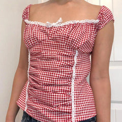 LIZAKOSHT - Y2K Fairycore Crop Tops Red Gingham Coquette Picnic Ruffled Blouse Vest Lace Trim Tie Up Square Collar Milkmaid Tops Cute