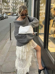 LIZAKOSHT - Lace Tierred Long Skirt Big Flower Decor Irregular Maxi Skirt Bottom Apricot Summer Spring Fashion Holiday Party Skirt