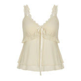 LIZAKOSHT - Women Boho Chic Ruffled Lace V-neck Tank Top Bow Tied Sleeveless Light Yellow Sexy Crop Tops Summer Holiday Camisole