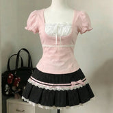 LIZAKOSHT - Y2k Harajuku Vintage Sweet Slim 2 Piece Skirt Sets Kawaii Short Sleeve Tops + Bow Patchwork Cake Mini Skirts 2000s Lolita Suits