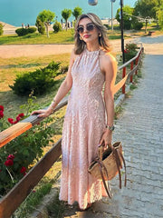 LIZAKOSHT - Elegant Chic Halter Long Dress Women Fashion Sweet Texture Sleeveles Maxi Dresses 2025 New Summer Simple Party Evening Vestidos
