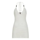 LIZAKOSHT - Hollow Out Halter-neck Smock Dress Holiday Sexy Beading Backless Bodycon Sundress Ladies Elegant V-neck Crochet Robe