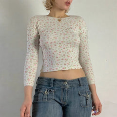 LIZAKOSHT - Y2K Aesthetic Lace Trim Kawaii Crop Tops Fairycore Floral Print T-Shirts Spring Long Sleeve Slim Fit Tops Tees 00s Retro Clothes