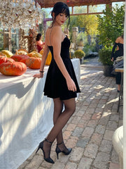 LIZAKOSHT  -  Velvet Halter Dress Black Sexy Slim Fit Elegant Straight Collar Waist Cinched Short Dresses Camisole Evening Gown Women's Wear