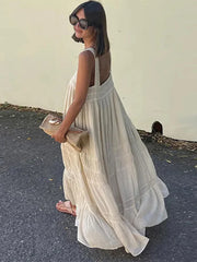 LIZAKOSHT  -  Elegant Lace Patchwork Sling Long Dress Women Chic Square Collar Sleeveless Backless Maxi Dresses Summer New Lady Beach Robe