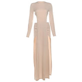 LIZAKOSHT - Fashion Women 2 Piece Set O Neck Long Sleeve Backless Asymmetrical Extra Long T-shirts Tops + Ruched Bodycon Maxi Skirts Suits