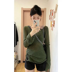 LIZAKOSHT - Y2k Vintage Green Sweater Women Kpop Gyaru Knitted Jumper Korean Fashion Slim Sexy Knitwear Distressed Grunge Pullover