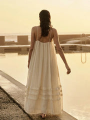 LIZAKOSHT - Casual Loose Pleated Sling Long Dress Women Chic Simple Beige Sleeveless Low Cut Holiday Dresses Lady Retro Summer Beach Vestido