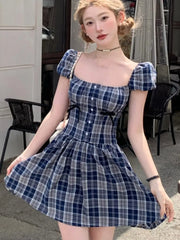 LIZAKOSHT - Y2K Plaid Short Dresses for Women Princess Birthday Party Dress Puff Sleeve Square Collar Bow Prom Summer Mini Vestidos Mujer