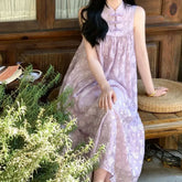 LIZAKOSHT - Spring Summer Dresses for Women Chinese Style Purple Elegant Vestidos Mujer Vintage Loose Beach Long Dress