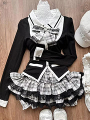 LIZAKOSHT - Preppy Style Hot Girl Y2K Splicing Color Slim Knitted Sweater + Plaid Cake Skirt Japanese Style Sweet Cute Two Piece Sets Women