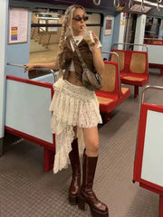 LIZAKOSHT - Lace Tierred Long Skirt Big Flower Decor Irregular Maxi Skirt Bottom Apricot Summer Spring Fashion Holiday Party Skirt