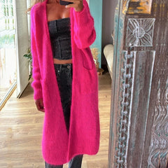 LIZAKOSHT - Office Ladies V-neck Long Sleeve Pocket Sweater Casual High Street Loose Sweater Coat Winter Solid Color Knitted Cardigan