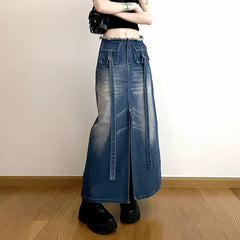 LIZAKOSHT - Denim Skirt Streamer Slit Long Skirt Burr High Waist Slim European And American Spice Girls A-Line Skirt Tide
