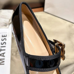 LIZAKOSHT - Women 4.5cm High Heels Luxury Party Pumps Female Sexy Crystal Square Buckle Strap High Heels Lady Fashion Patent Leather Shoes