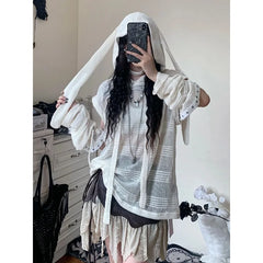 LIZAKOSHT - Y2k Harajuku Women's Kint Sweater Rabbit Ear Knitwear Hollow Out Grunge Pullovers Spring Oversize Gothic Jumper Korean